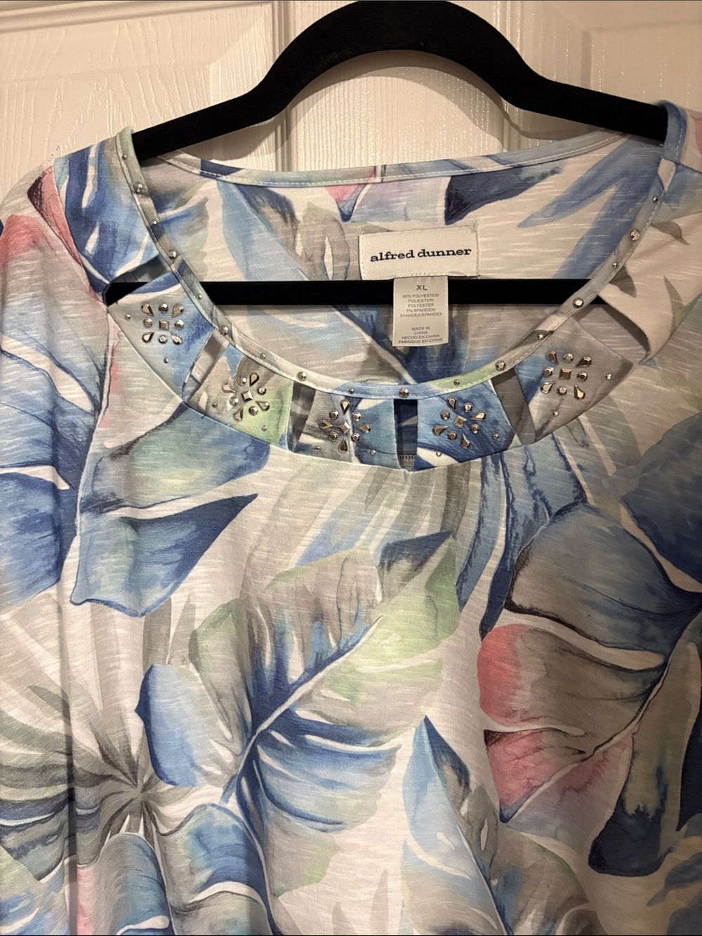 Alfred Dunner Blue, Pink and Green Floral Short-Sleeve Top with Embellished Neck - Picture 3 of 5